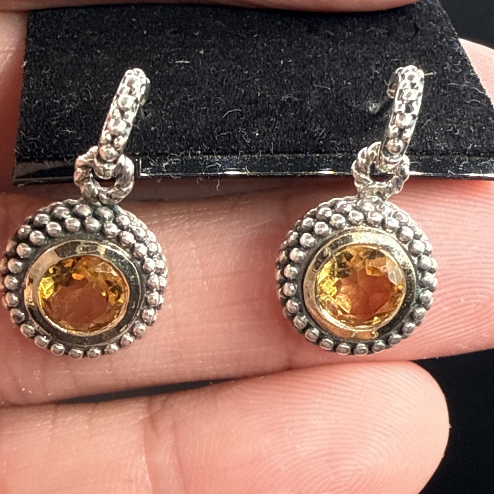 ATR 14K Gold 925 Sterling Silver Citrine Dangle Drop Earrings Caviar Beaded VTG - Picture 11 of 14